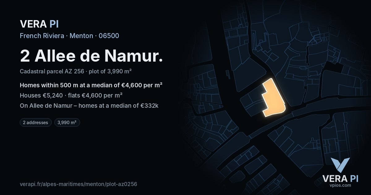 2 Allee de Namur, Menton at night – the plot lit, the parcels around coloured by the prices near them