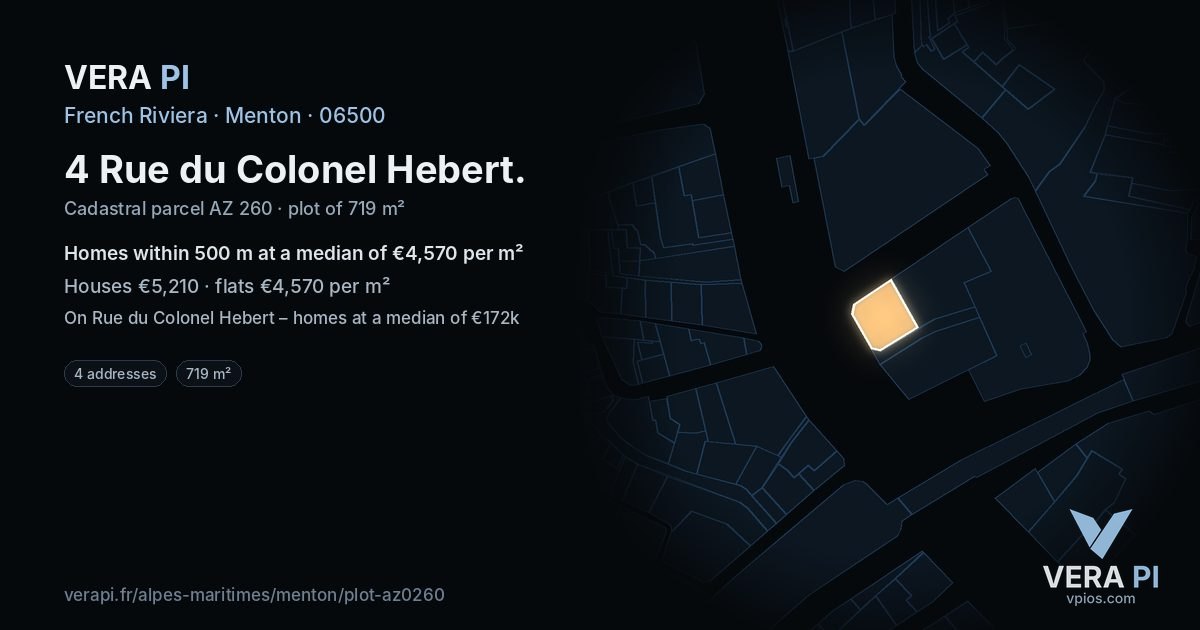 4 Rue du Colonel Hebert, Menton at night – the plot lit, the parcels around coloured by the prices near them