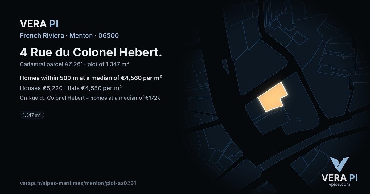 4 Rue du Colonel Hebert, Menton at night – the plot lit, the parcels around coloured by the prices near them