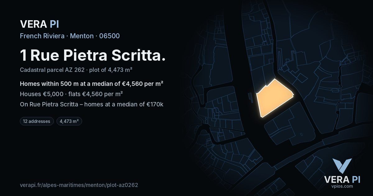 1 Rue Pietra Scritta, Menton at night – the plot lit, the parcels around coloured by the prices near them