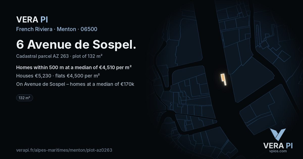 6 Avenue de Sospel, Menton at night – the plot lit, the parcels around coloured by the prices near them