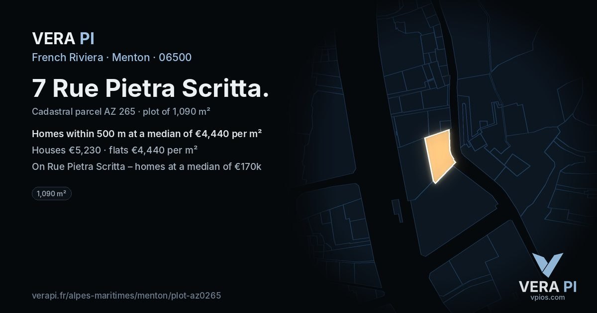 7 Rue Pietra Scritta, Menton at night – the plot lit, the parcels around coloured by the prices near them
