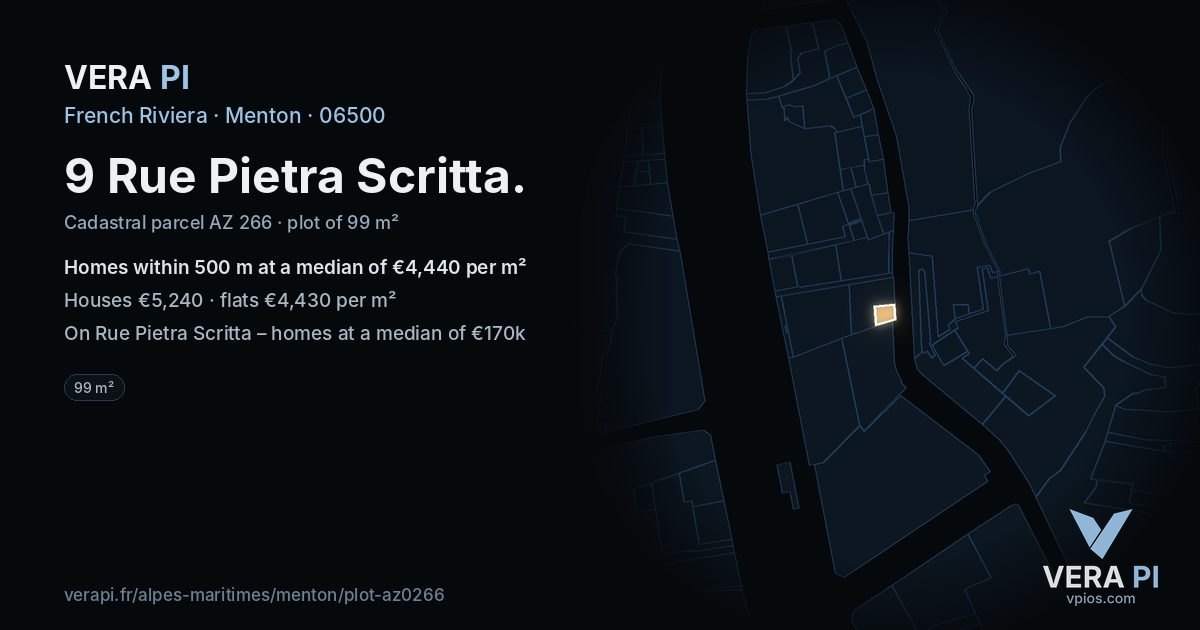 9 Rue Pietra Scritta, Menton at night – the plot lit, the parcels around coloured by the prices near them