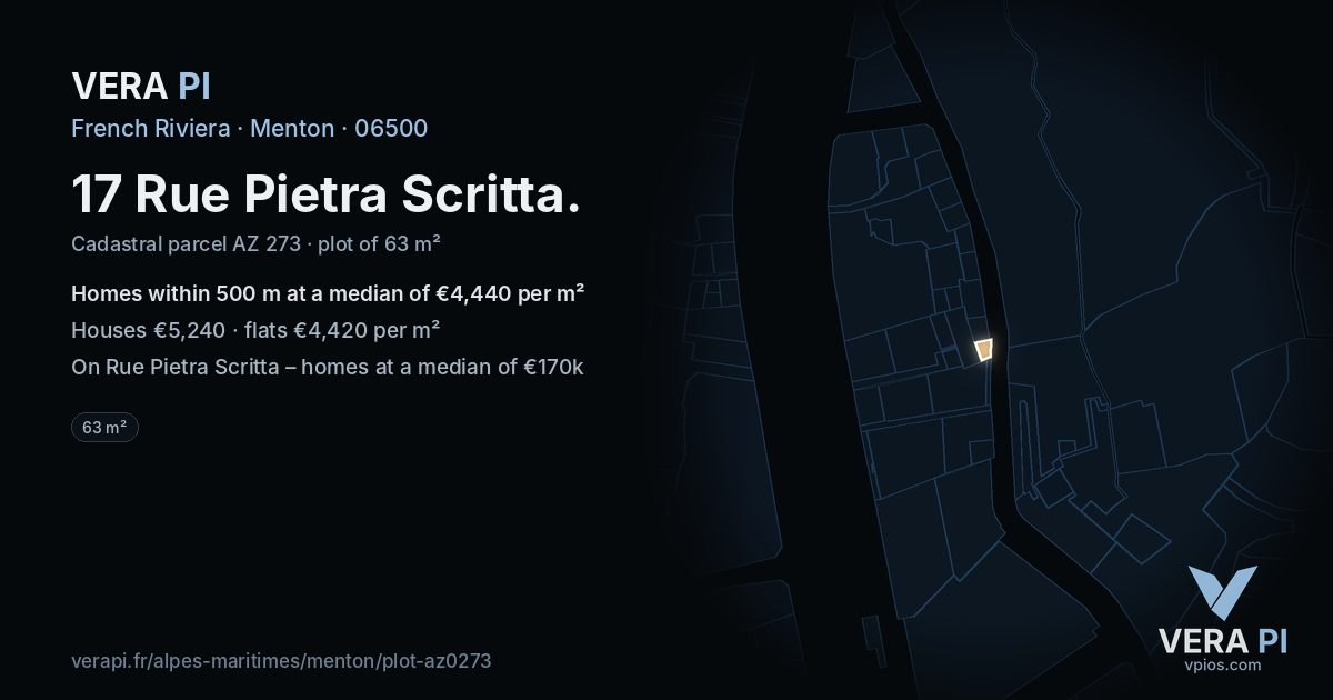 17 Rue Pietra Scritta, Menton at night – the plot lit, the parcels around coloured by the prices near them