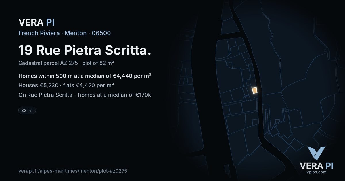 19 Rue Pietra Scritta, Menton at night – the plot lit, the parcels around coloured by the prices near them