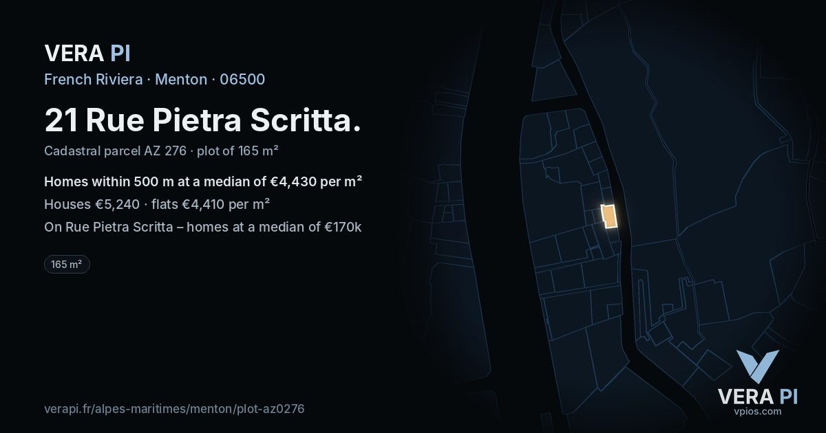 21 Rue Pietra Scritta, Menton at night – the plot lit, the parcels around coloured by the prices near them