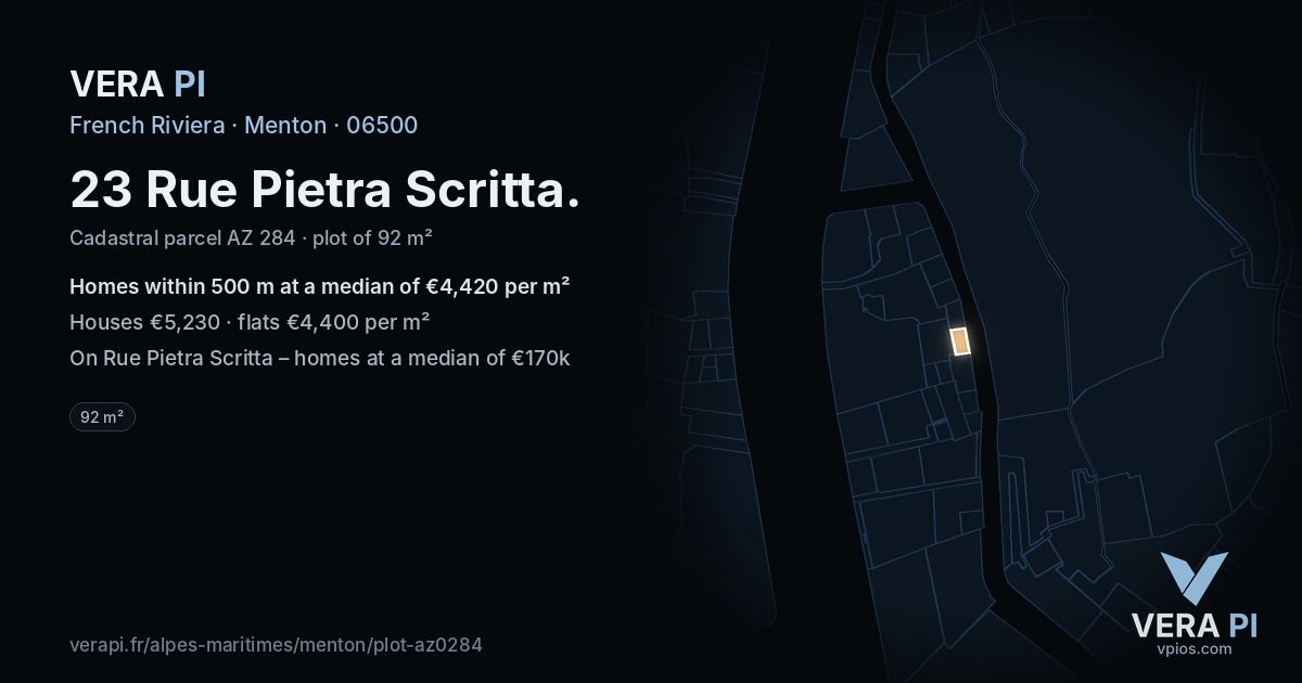 23 Rue Pietra Scritta, Menton at night – the plot lit, the parcels around coloured by the prices near them