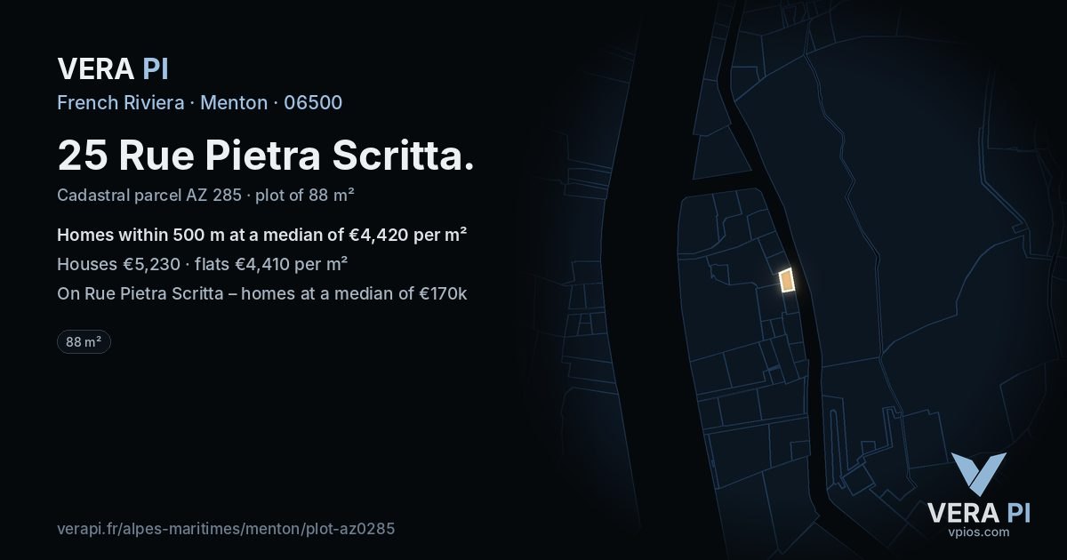 25 Rue Pietra Scritta, Menton at night – the plot lit, the parcels around coloured by the prices near them