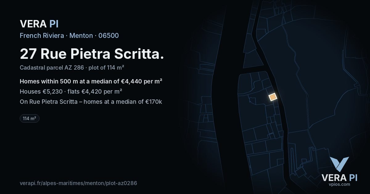 27 Rue Pietra Scritta, Menton at night – the plot lit, the parcels around coloured by the prices near them