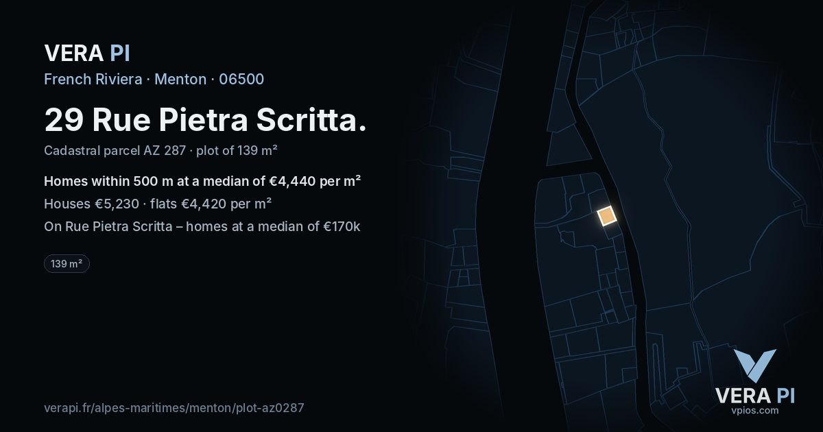 29 Rue Pietra Scritta, Menton at night – the plot lit, the parcels around coloured by the prices near them