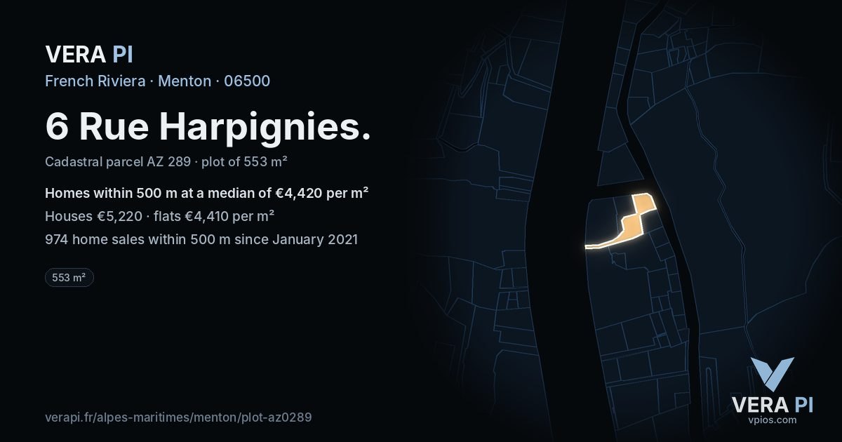 6 Rue Harpignies, Menton at night – the plot lit, the parcels around coloured by the prices near them