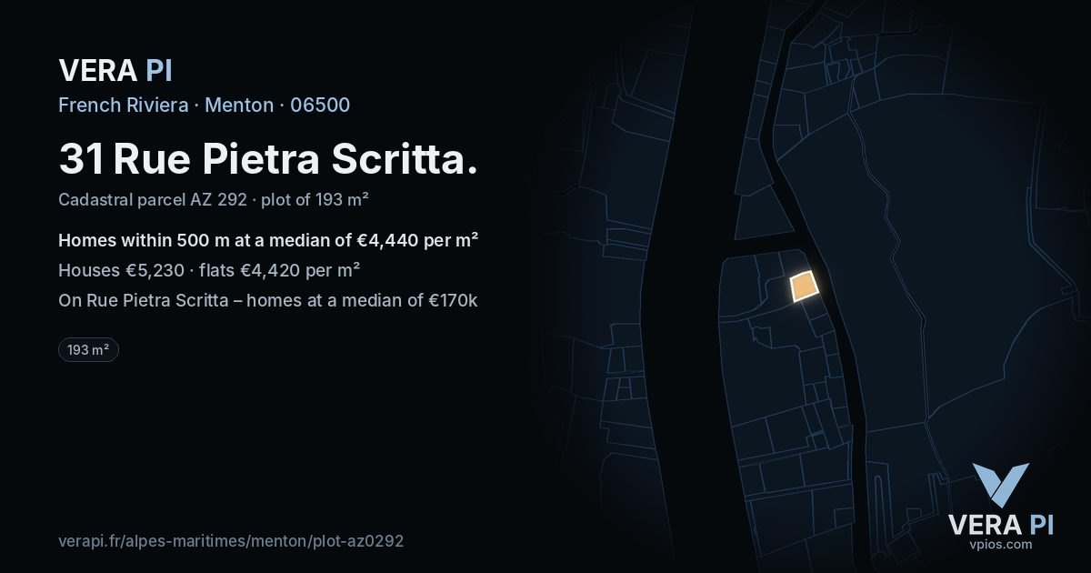 31 Rue Pietra Scritta, Menton at night – the plot lit, the parcels around coloured by the prices near them