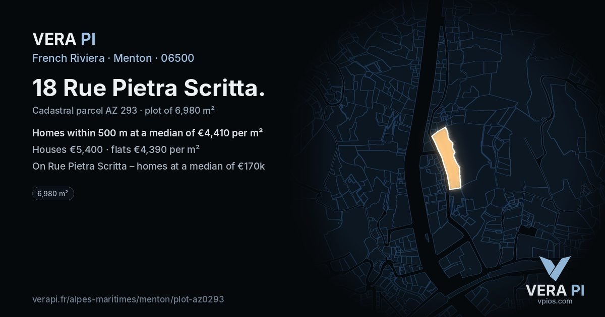 18 Rue Pietra Scritta, Menton at night – the plot lit, the parcels around coloured by the prices near them
