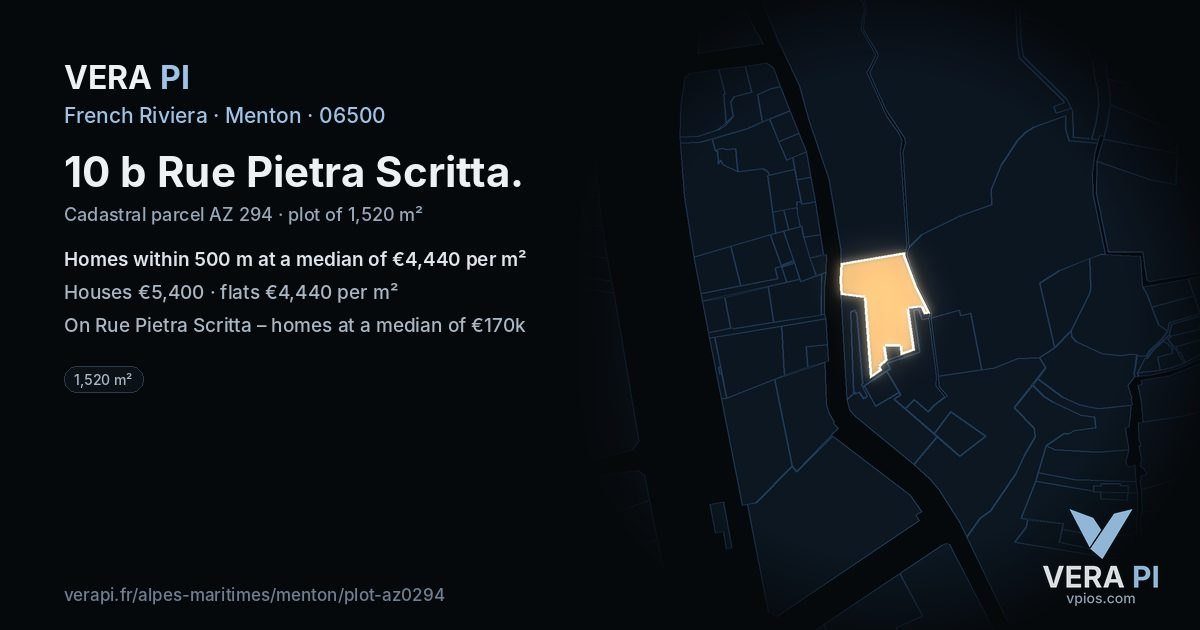 10 b Rue Pietra Scritta, Menton at night – the plot lit, the parcels around coloured by the prices near them