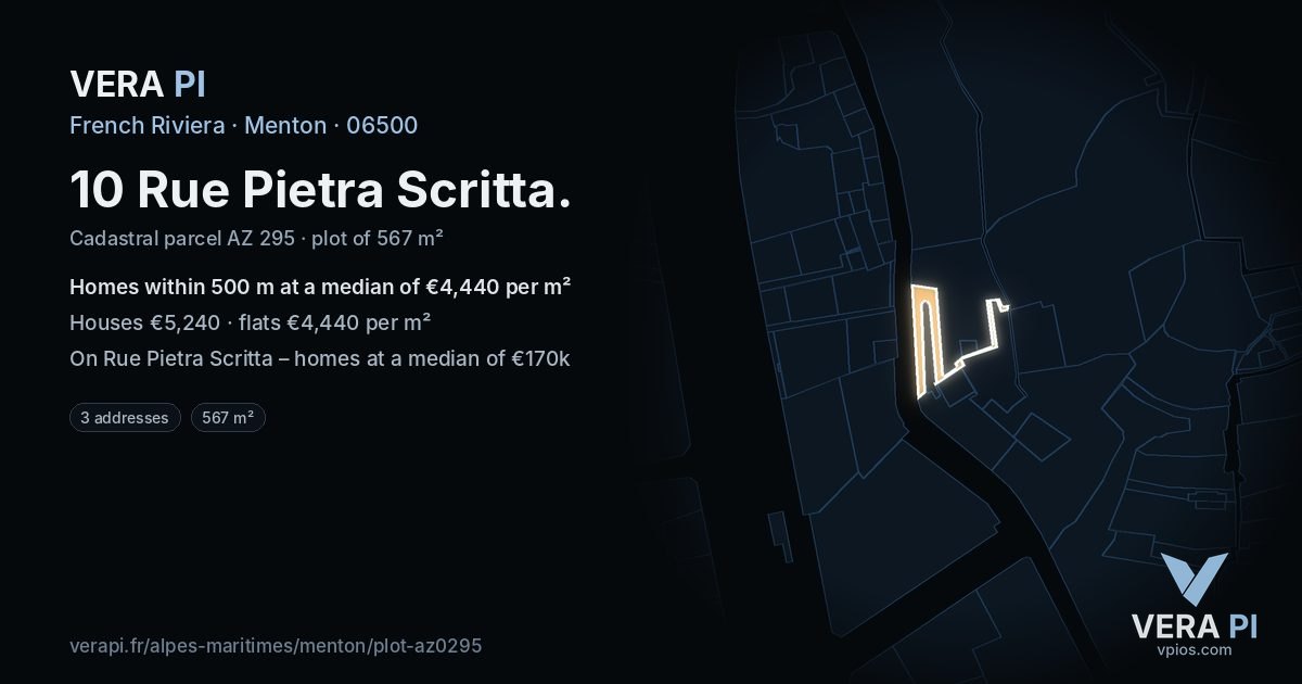 10 Rue Pietra Scritta, Menton at night – the plot lit, the parcels around coloured by the prices near them