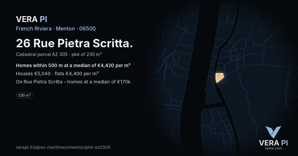 26 Rue Pietra Scritta, Menton at night – the plot lit, the parcels around coloured by the prices near them