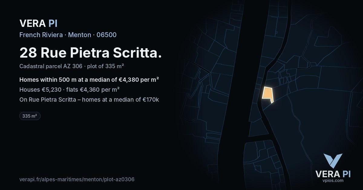28 Rue Pietra Scritta, Menton at night – the plot lit, the parcels around coloured by the prices near them