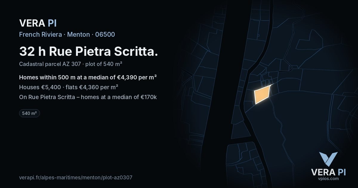 32 h Rue Pietra Scritta, Menton at night – the plot lit, the parcels around coloured by the prices near them