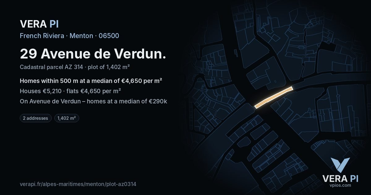 29 Avenue de Verdun, Menton at night – the plot lit, the parcels around coloured by the prices near them