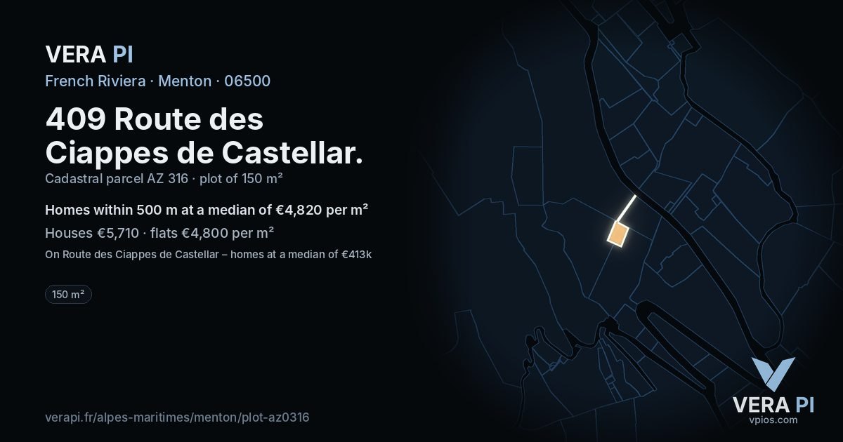 409 Route des Ciappes de Castellar, Menton at night – the plot lit, the parcels around coloured by the prices near them