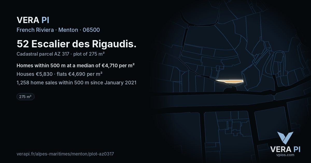 52 Escalier des Rigaudis, Menton at night – the plot lit, the parcels around coloured by the prices near them