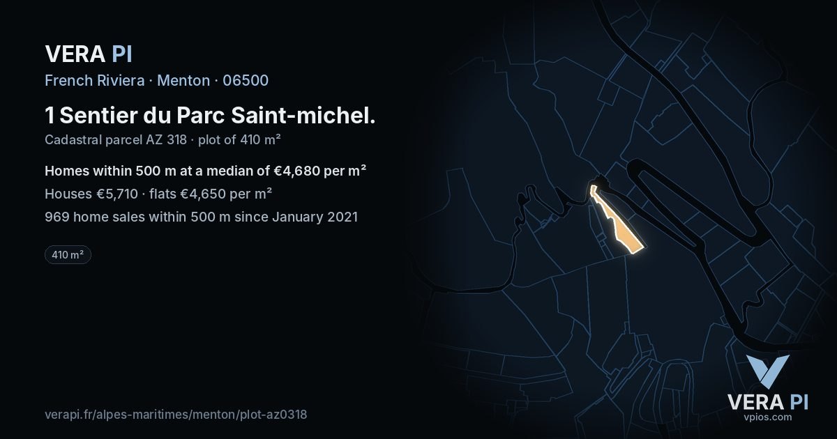 1 Sentier du Parc Saint-michel, Menton at night – the plot lit, the parcels around coloured by the prices near them