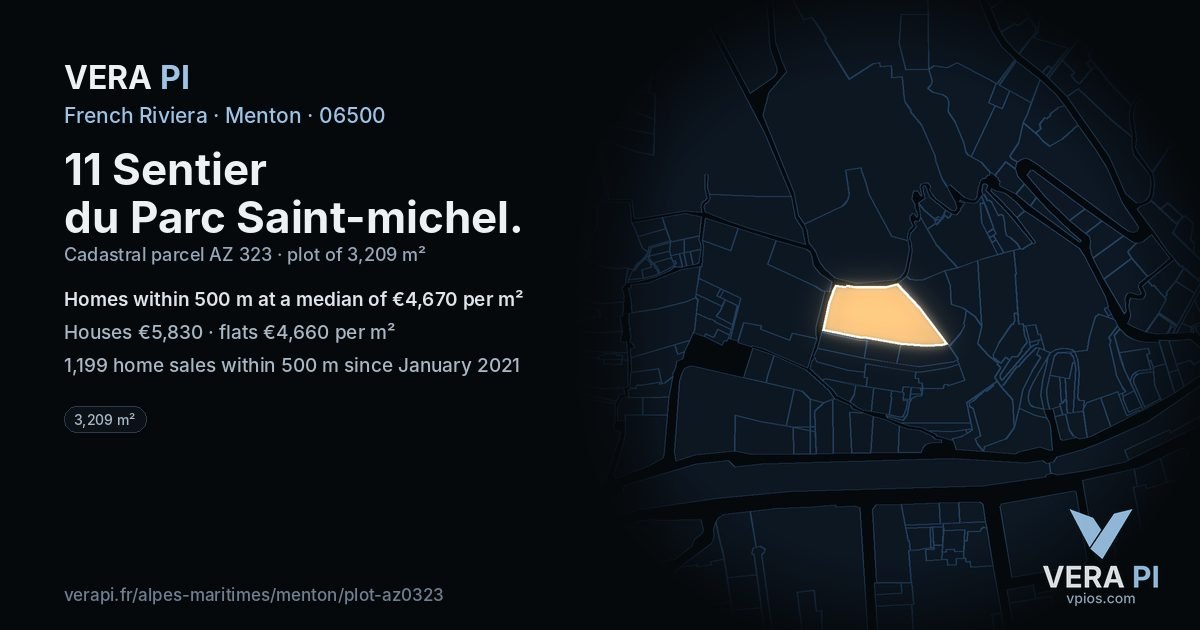 11 Sentier du Parc Saint-michel, Menton at night – the plot lit, the parcels around coloured by the prices near them