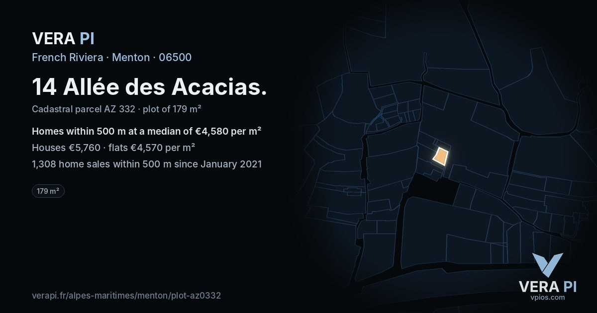 14 Allée des Acacias, Menton at night – the plot lit, the parcels around coloured by the prices near them