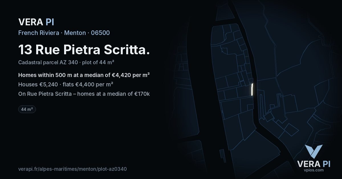 13 Rue Pietra Scritta, Menton at night – the plot lit, the parcels around coloured by the prices near them