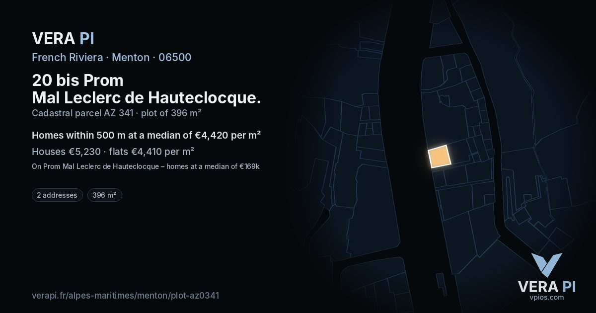 20 bis Prom Mal Leclerc de Hauteclocque, Menton at night – the plot lit, the parcels around coloured by the prices near them