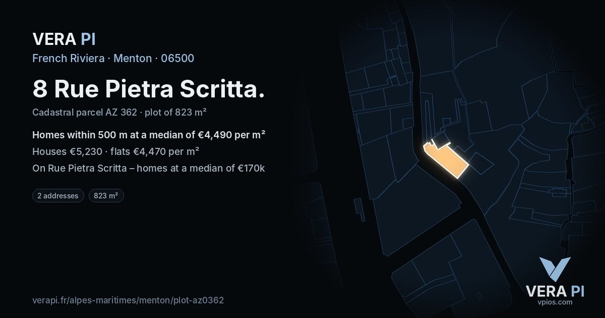 8 Rue Pietra Scritta, Menton at night – the plot lit, the parcels around coloured by the prices near them