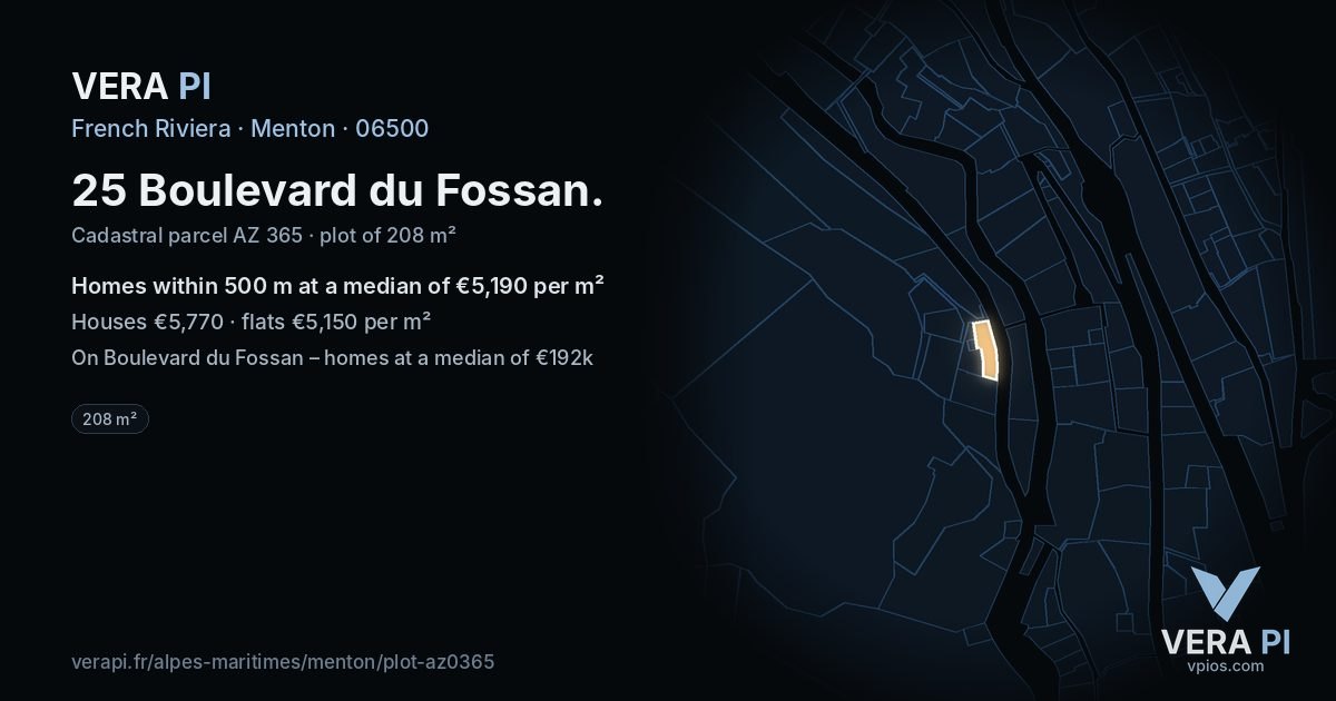 25 Boulevard du Fossan, Menton at night – the plot lit, the parcels around coloured by the prices near them