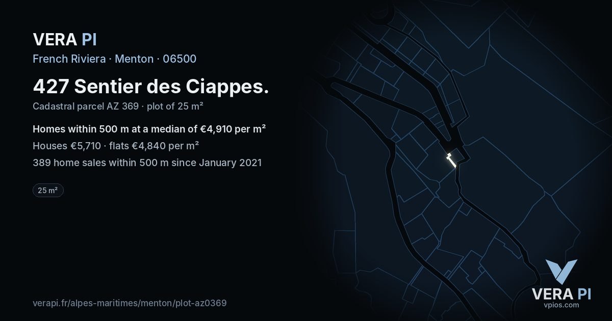 427 Sentier des Ciappes, Menton at night – the plot lit, the parcels around coloured by the prices near them