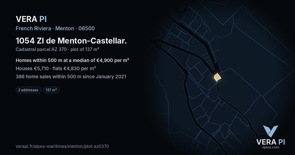 1054 ZI de Menton-Castellar, Menton at night – the plot lit, the parcels around coloured by the prices near them