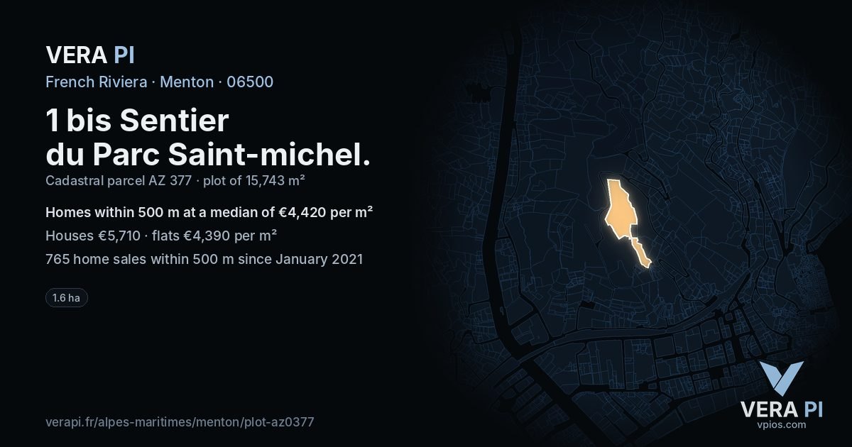 1 bis Sentier du Parc Saint-michel, Menton at night – the plot lit, the parcels around coloured by the prices near them