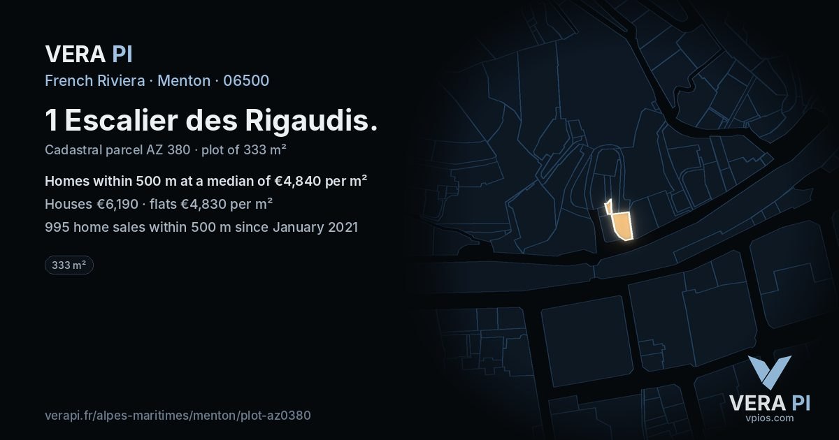 1 Escalier des Rigaudis, Menton at night – the plot lit, the parcels around coloured by the prices near them