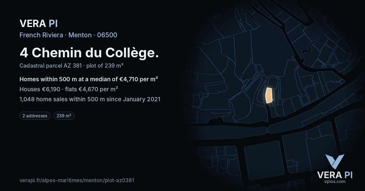 4 Chemin du Collège, Menton at night – the plot lit, the parcels around coloured by the prices near them