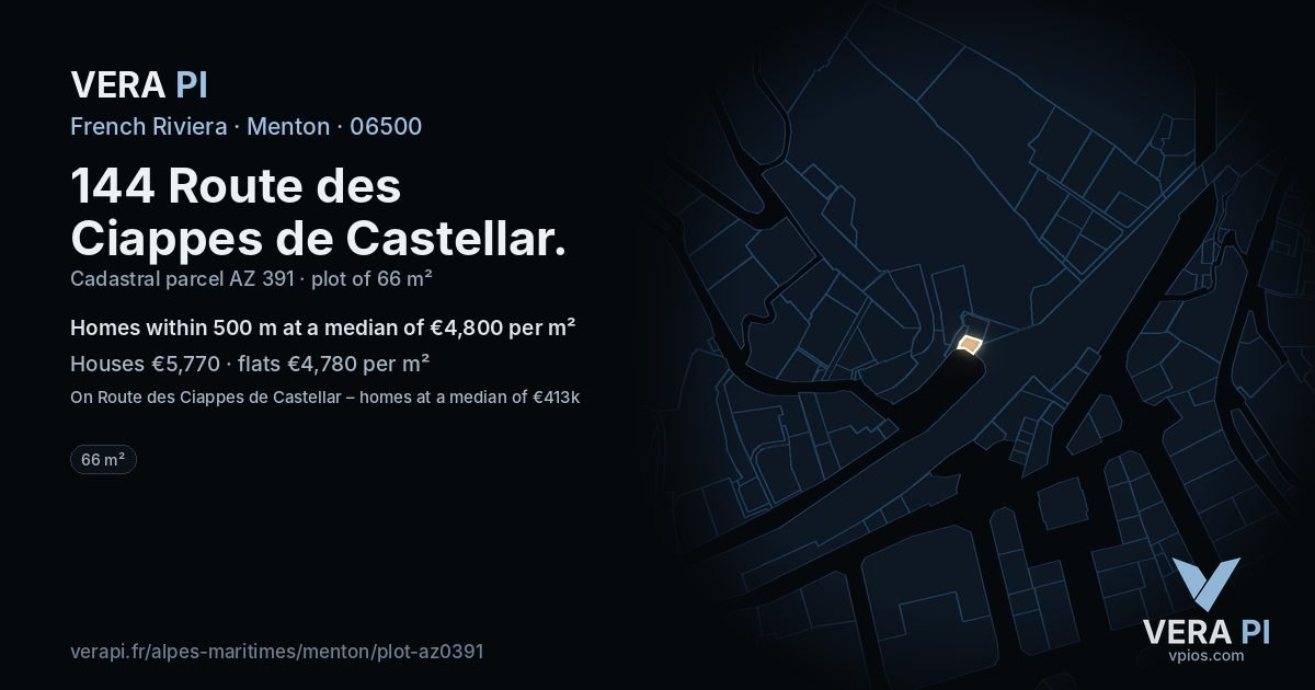 144 Route des Ciappes de Castellar, Menton at night – the plot lit, the parcels around coloured by the prices near them