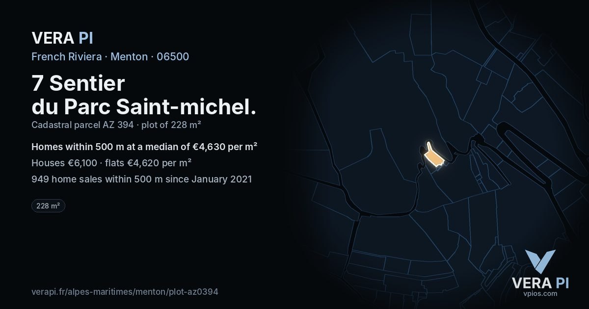 7 Sentier du Parc Saint-michel, Menton at night – the plot lit, the parcels around coloured by the prices near them
