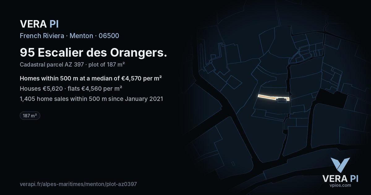 95 Escalier des Orangers, Menton at night – the plot lit, the parcels around coloured by the prices near them
