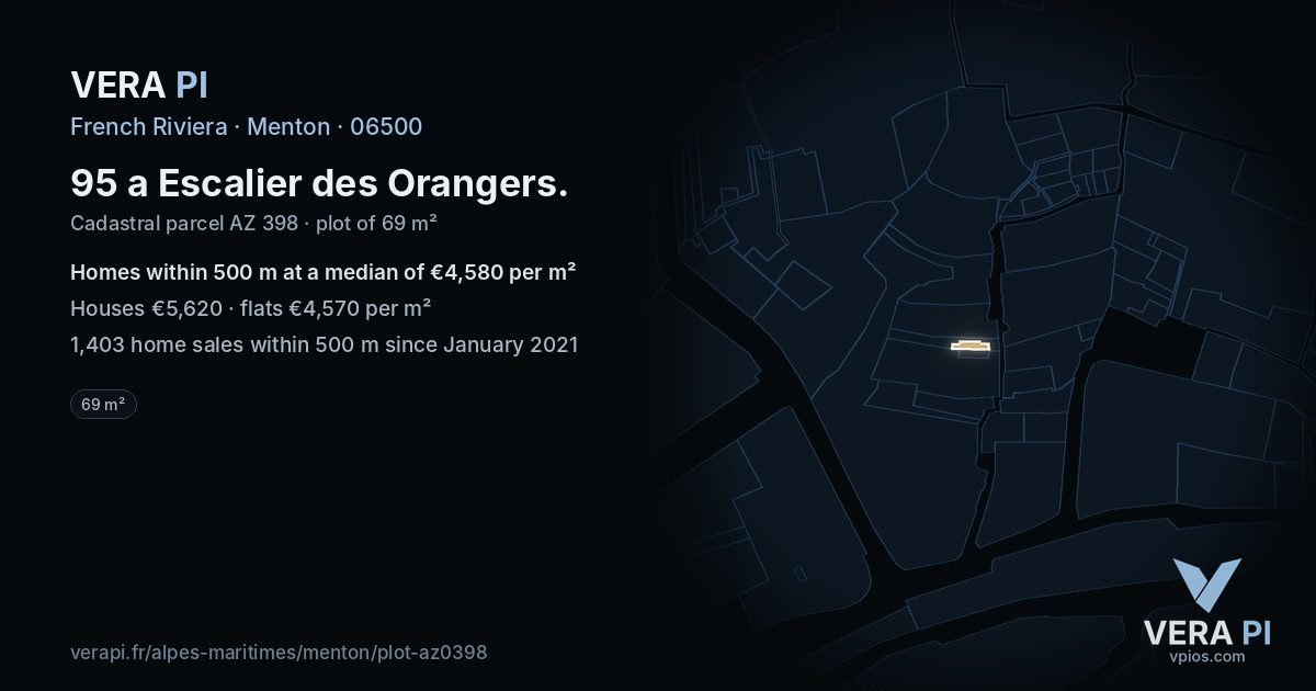 95 a Escalier des Orangers, Menton at night – the plot lit, the parcels around coloured by the prices near them
