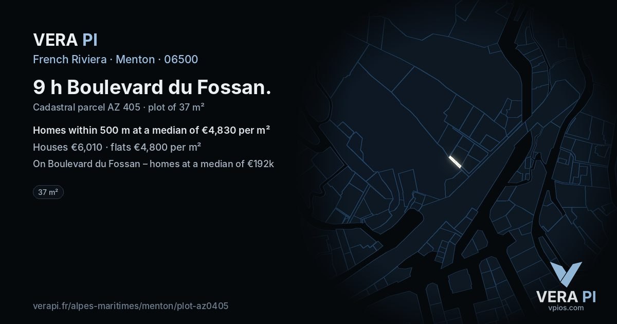 9 h Boulevard du Fossan, Menton at night – the plot lit, the parcels around coloured by the prices near them