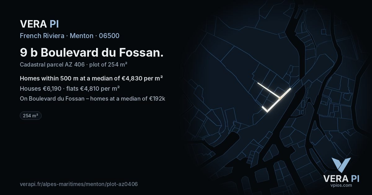 9 b Boulevard du Fossan, Menton at night – the plot lit, the parcels around coloured by the prices near them