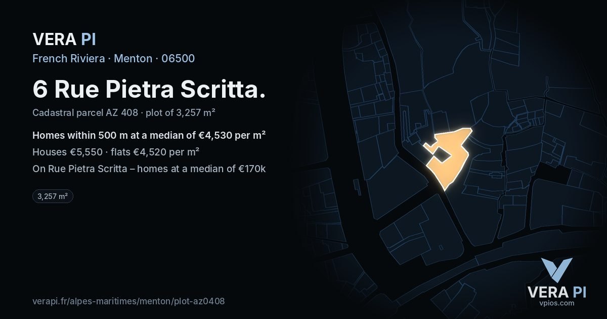 6 Rue Pietra Scritta, Menton at night – the plot lit, the parcels around coloured by the prices near them