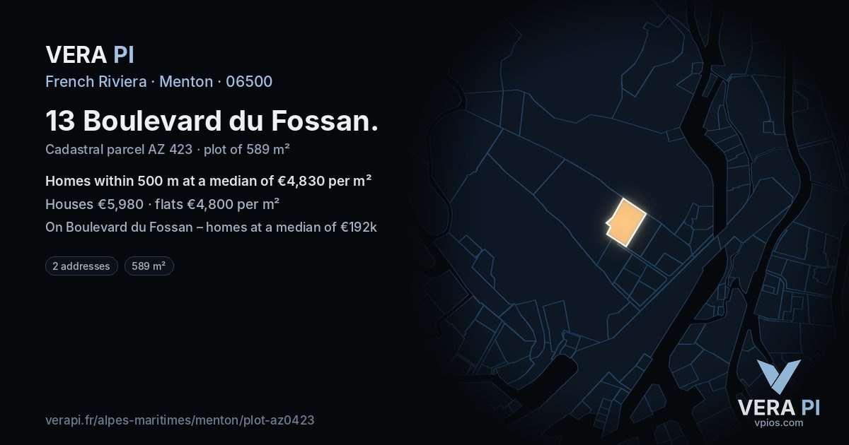 13 Boulevard du Fossan, Menton at night – the plot lit, the parcels around coloured by the prices near them