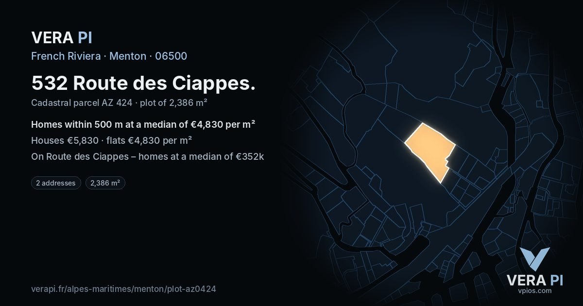 532 Route des Ciappes, Menton at night – the plot lit, the parcels around coloured by the prices near them