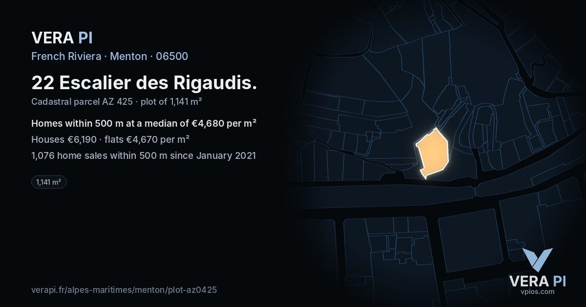 22 Escalier des Rigaudis, Menton at night – the plot lit, the parcels around coloured by the prices near them