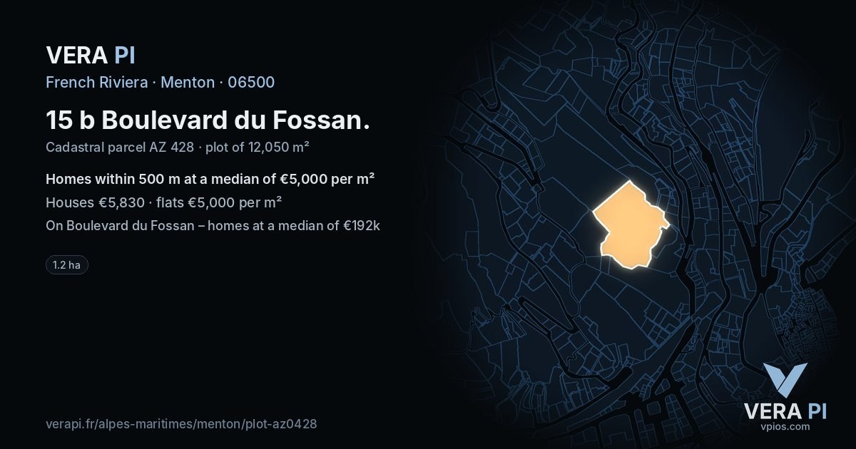 15 b Boulevard du Fossan, Menton at night – the plot lit, the parcels around coloured by the prices near them