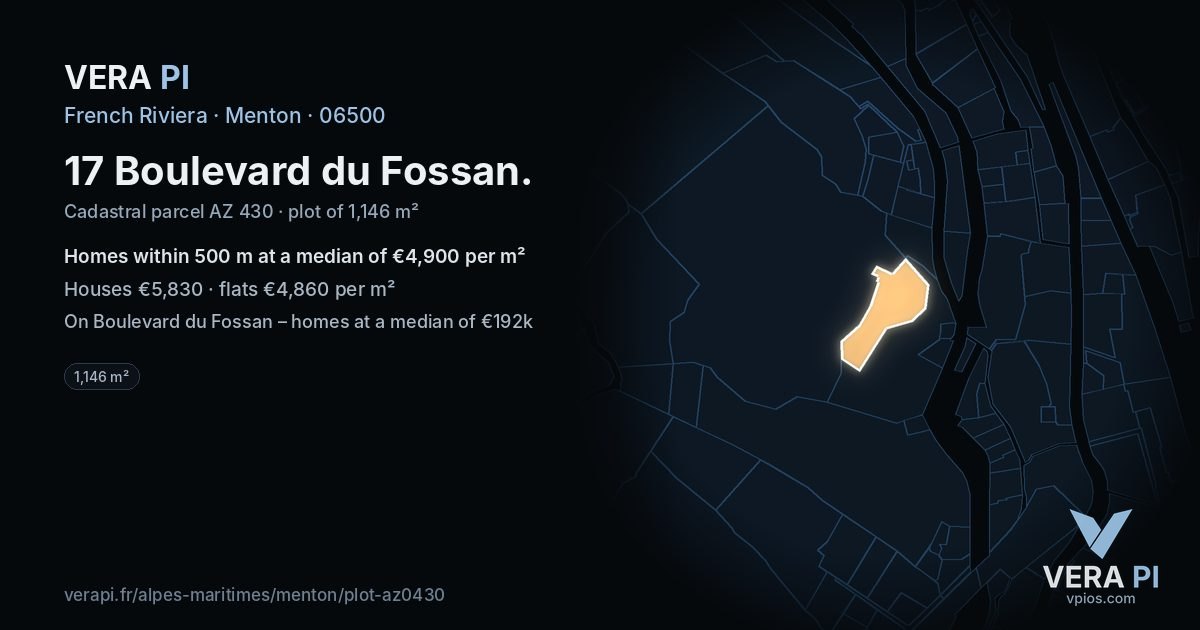 17 Boulevard du Fossan, Menton at night – the plot lit, the parcels around coloured by the prices near them