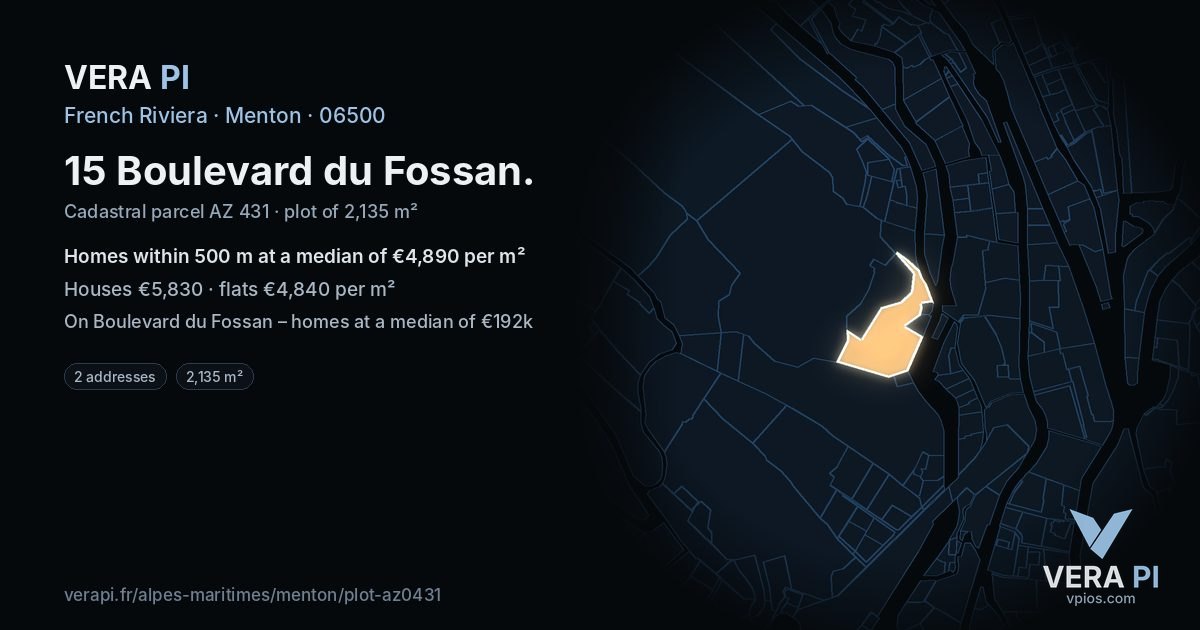 15 Boulevard du Fossan, Menton at night – the plot lit, the parcels around coloured by the prices near them